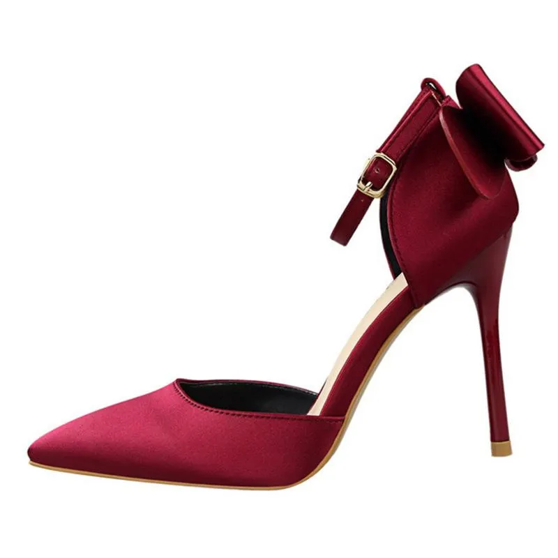 Women pointed toe bowknot ankle buckle strap stiletto heels