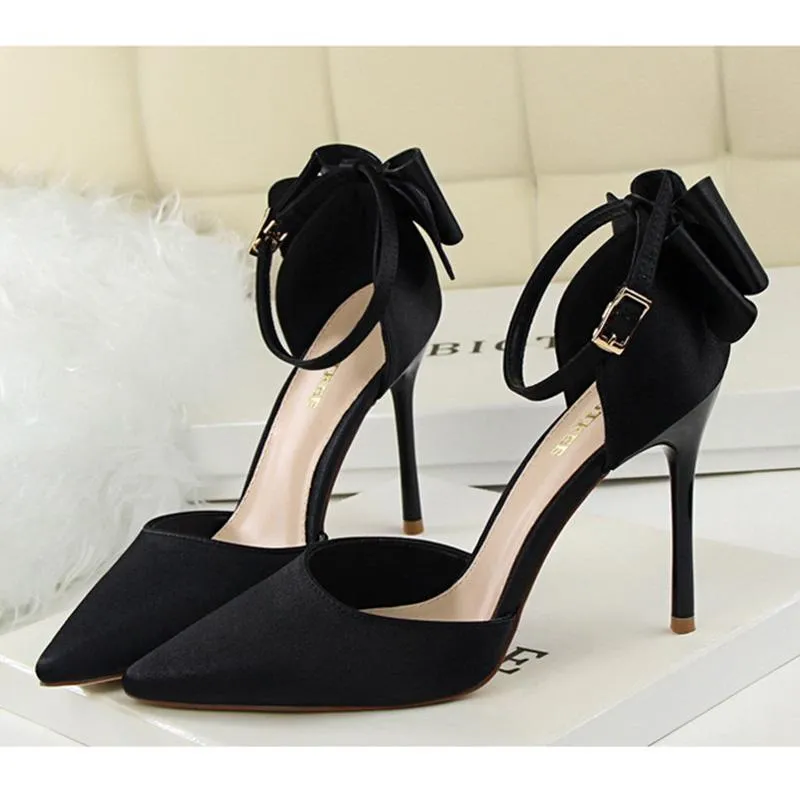 Women pointed toe bowknot ankle buckle strap stiletto heels