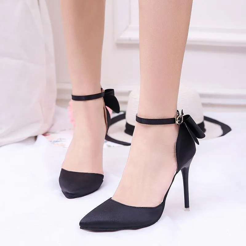 Women pointed toe bowknot ankle buckle strap stiletto heels