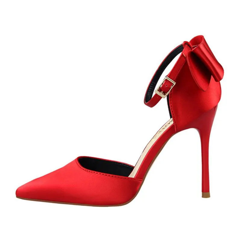 Women pointed toe bowknot ankle buckle strap stiletto heels