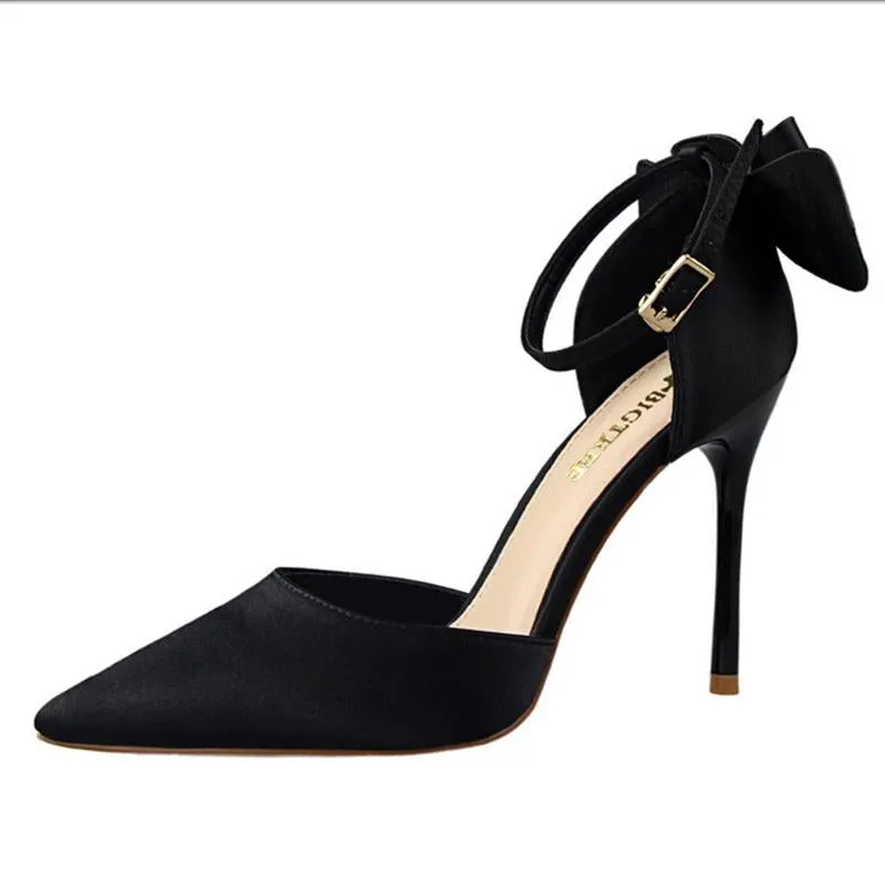 Women pointed toe bowknot ankle buckle strap stiletto heels