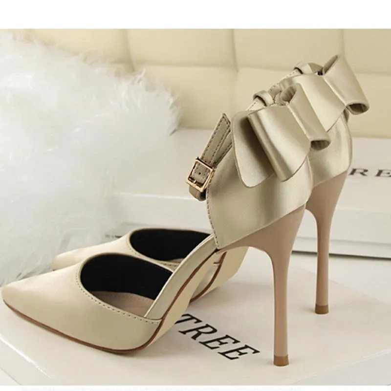 Women pointed toe bowknot ankle buckle strap stiletto heels