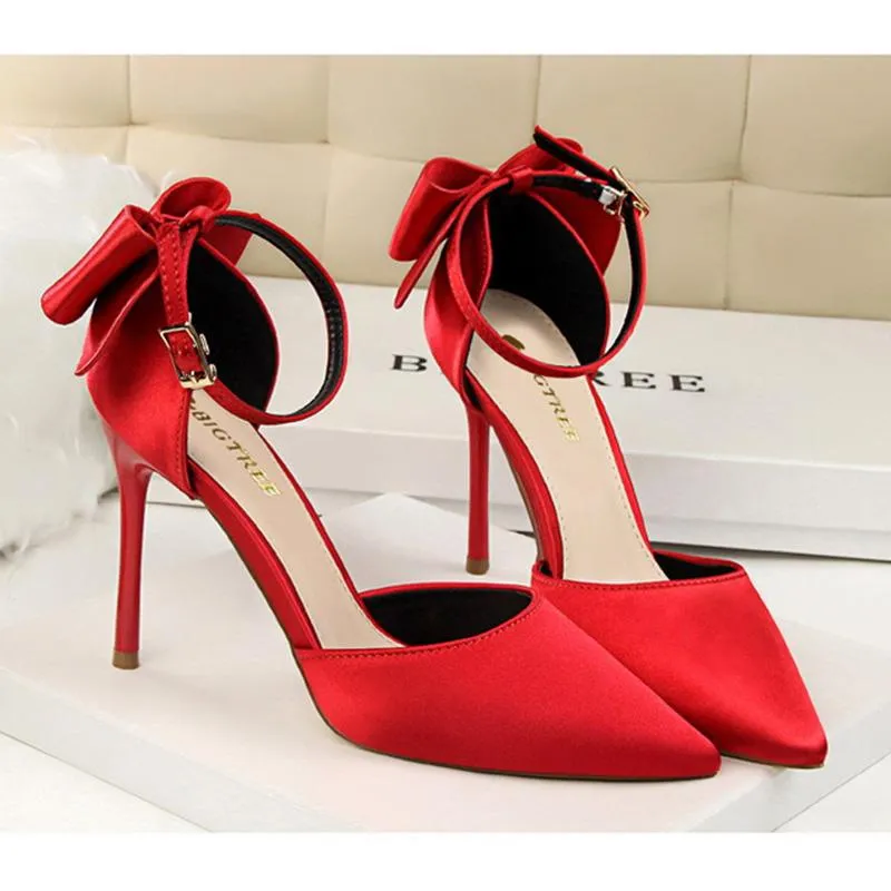 Women pointed toe bowknot ankle buckle strap stiletto heels