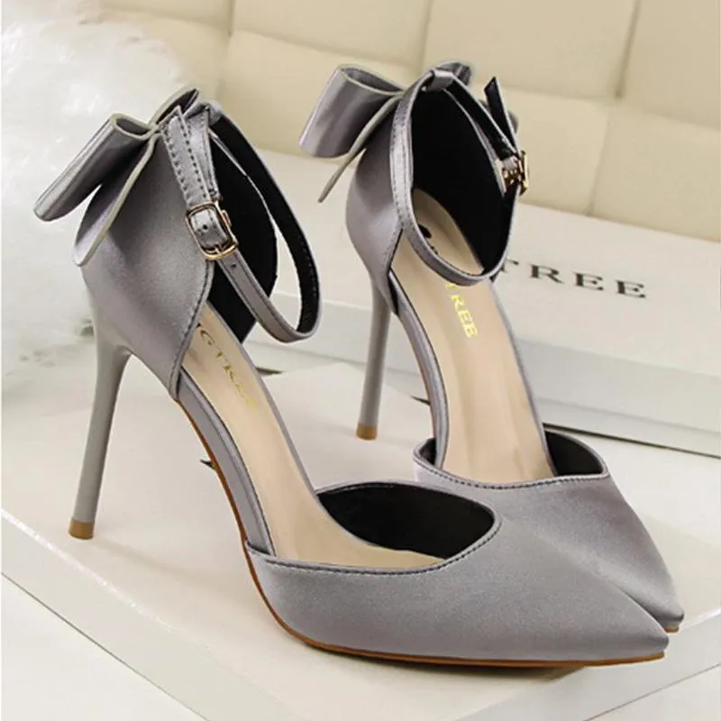 Women pointed toe bowknot ankle buckle strap stiletto heels