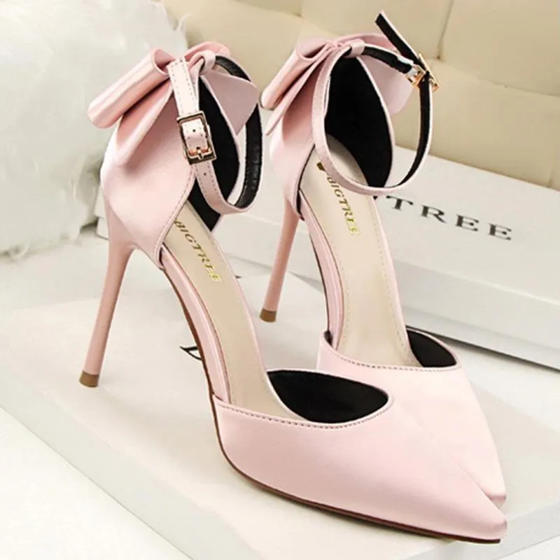 Women pointed toe bowknot ankle buckle strap stiletto heels