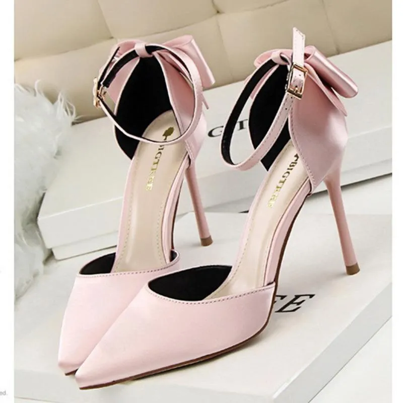 Women pointed toe bowknot ankle buckle strap stiletto heels