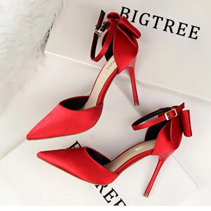 Women pointed toe bowknot ankle buckle strap stiletto heels