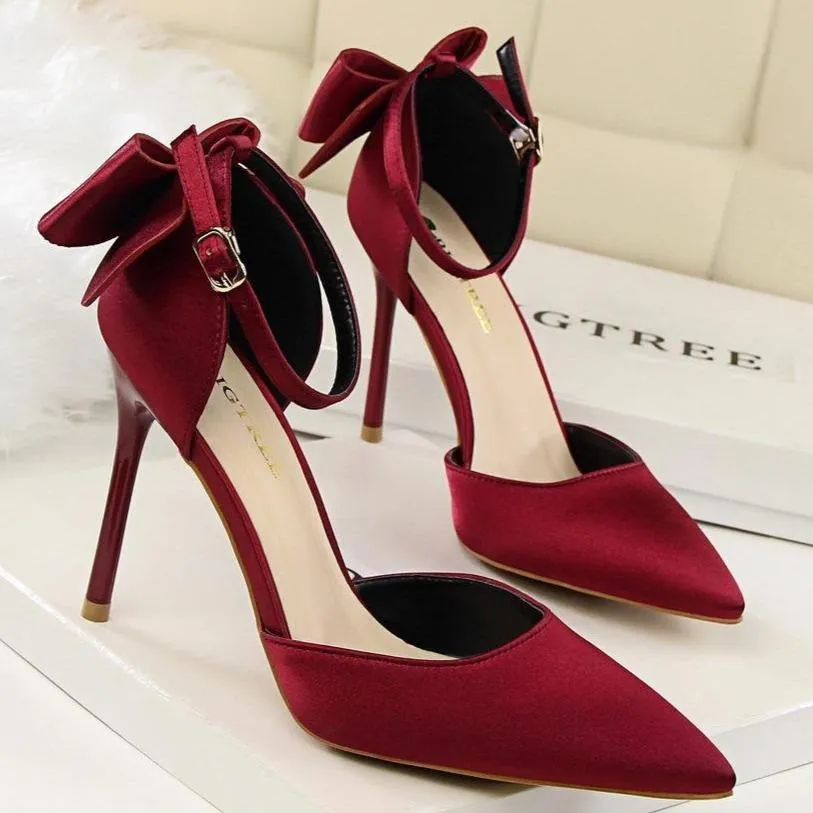 Women pointed toe bowknot ankle buckle strap stiletto heels