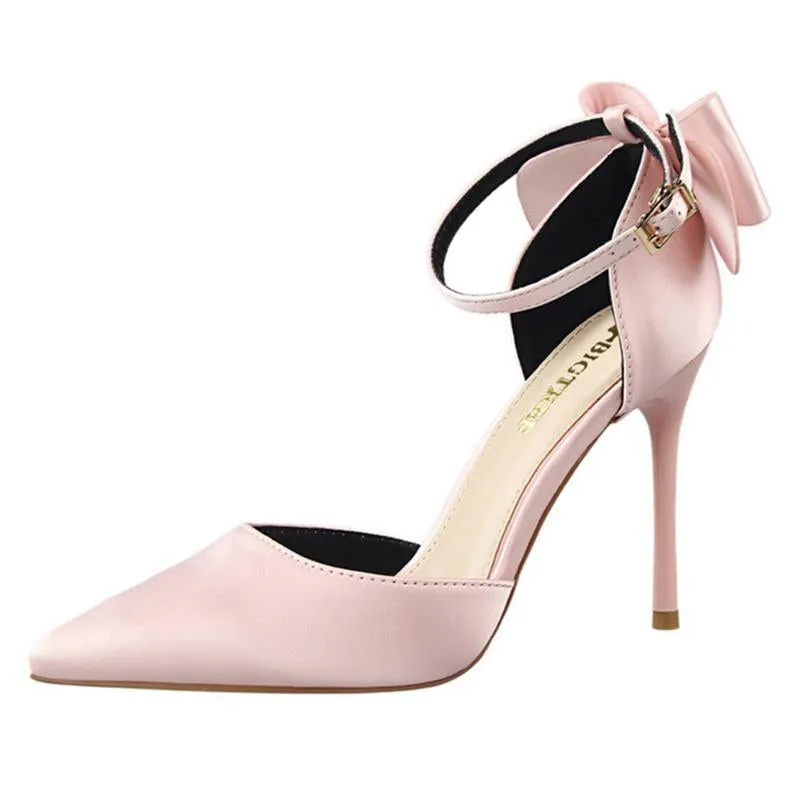 Women pointed toe bowknot ankle buckle strap stiletto heels