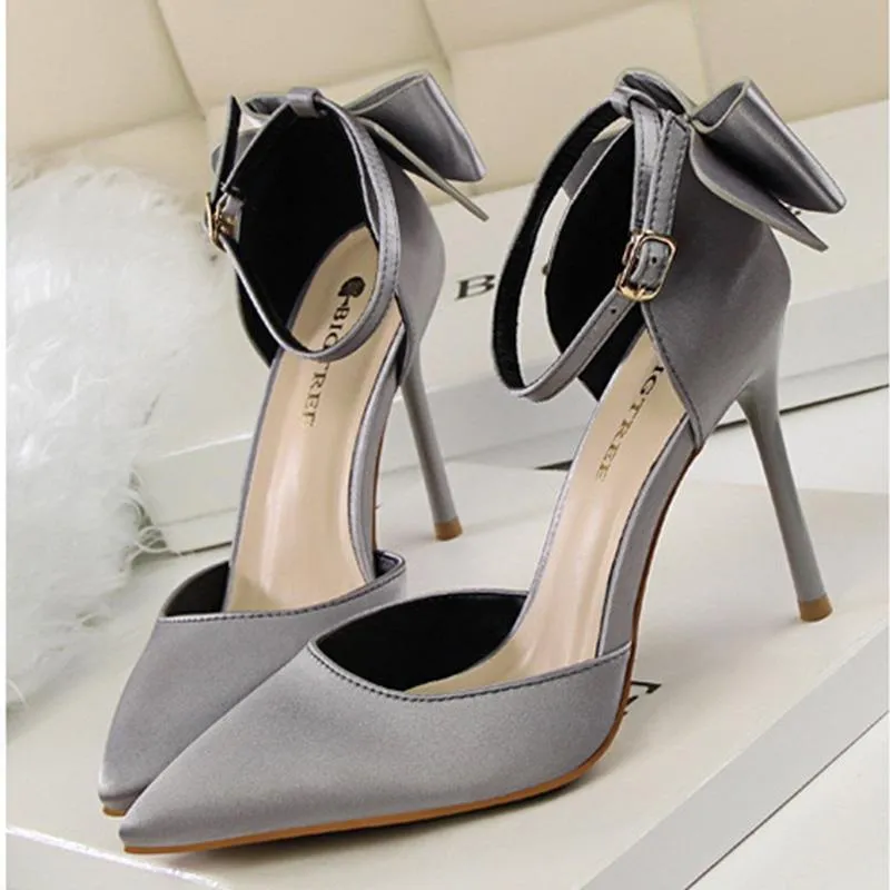 Women pointed toe bowknot ankle buckle strap stiletto heels