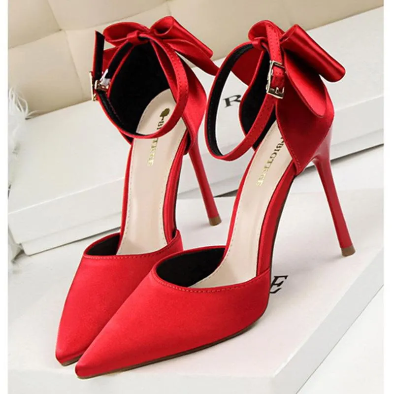 Women pointed toe bowknot ankle buckle strap stiletto heels