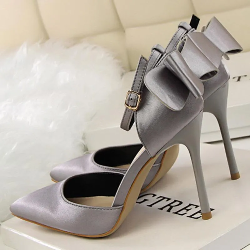 Women pointed toe bowknot ankle buckle strap stiletto heels