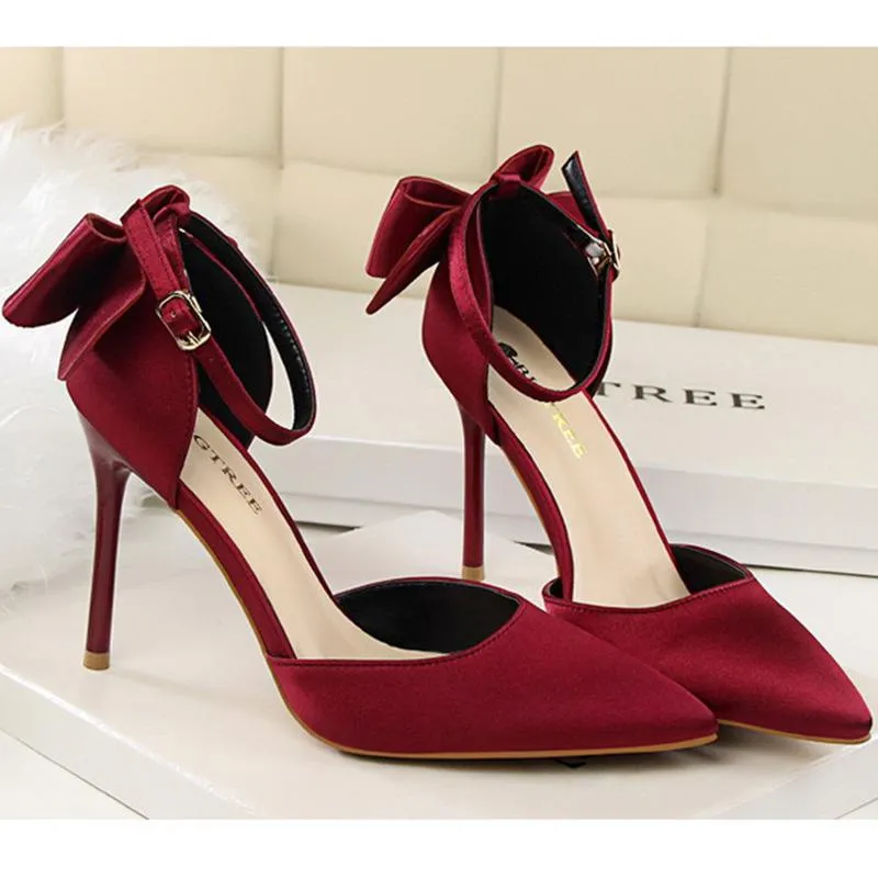 Women pointed toe bowknot ankle buckle strap stiletto heels