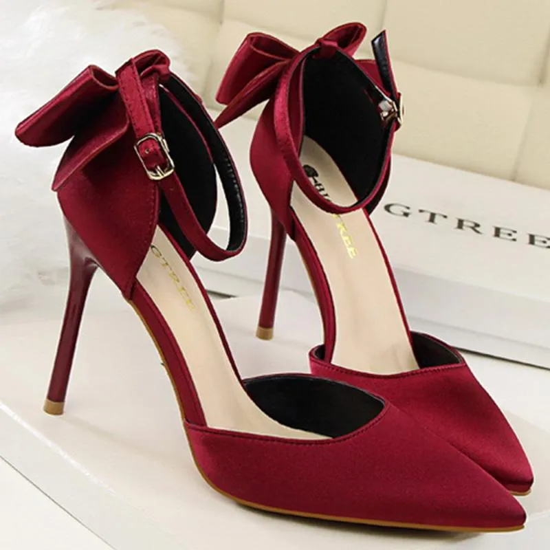 Women pointed toe bowknot ankle buckle strap stiletto heels