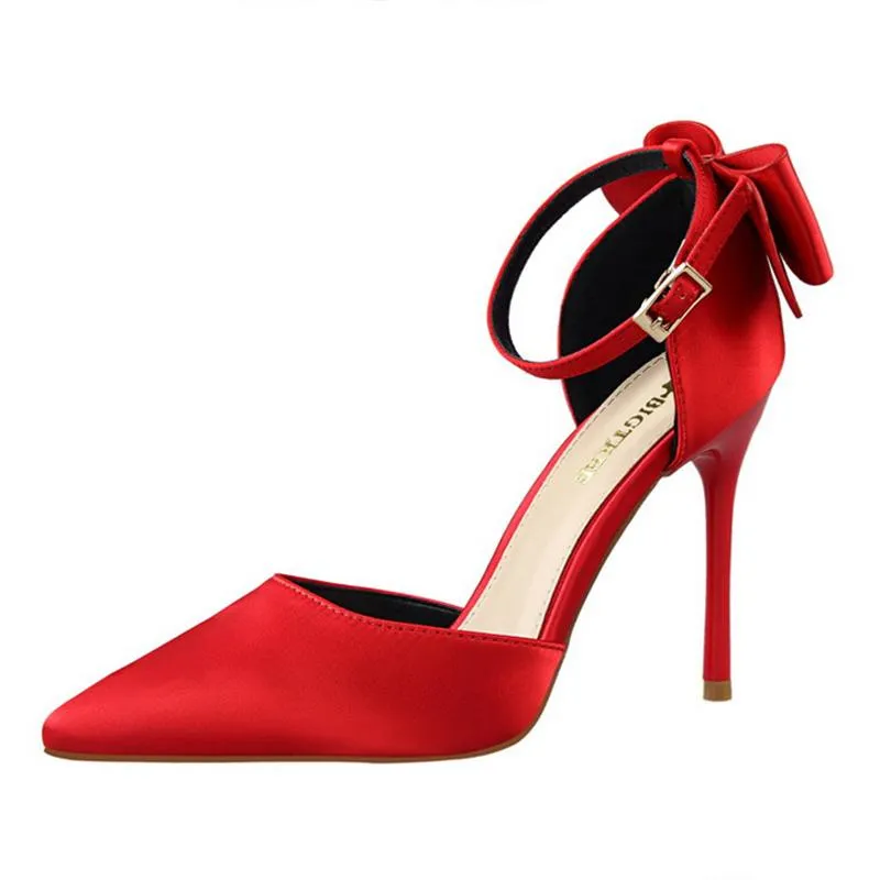 Women pointed toe bowknot ankle buckle strap stiletto heels