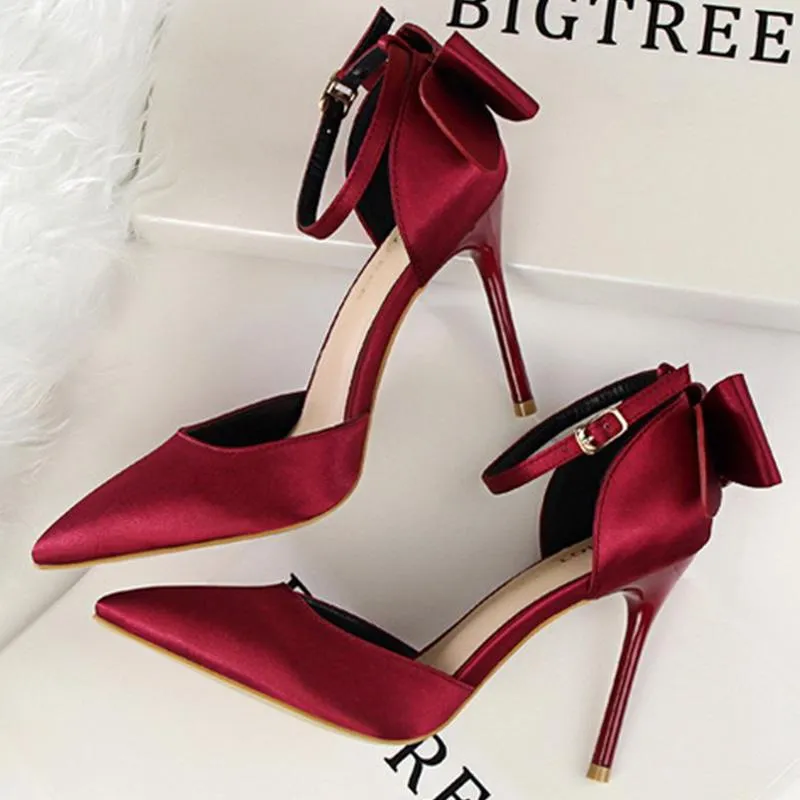 Women pointed toe bowknot ankle buckle strap stiletto heels