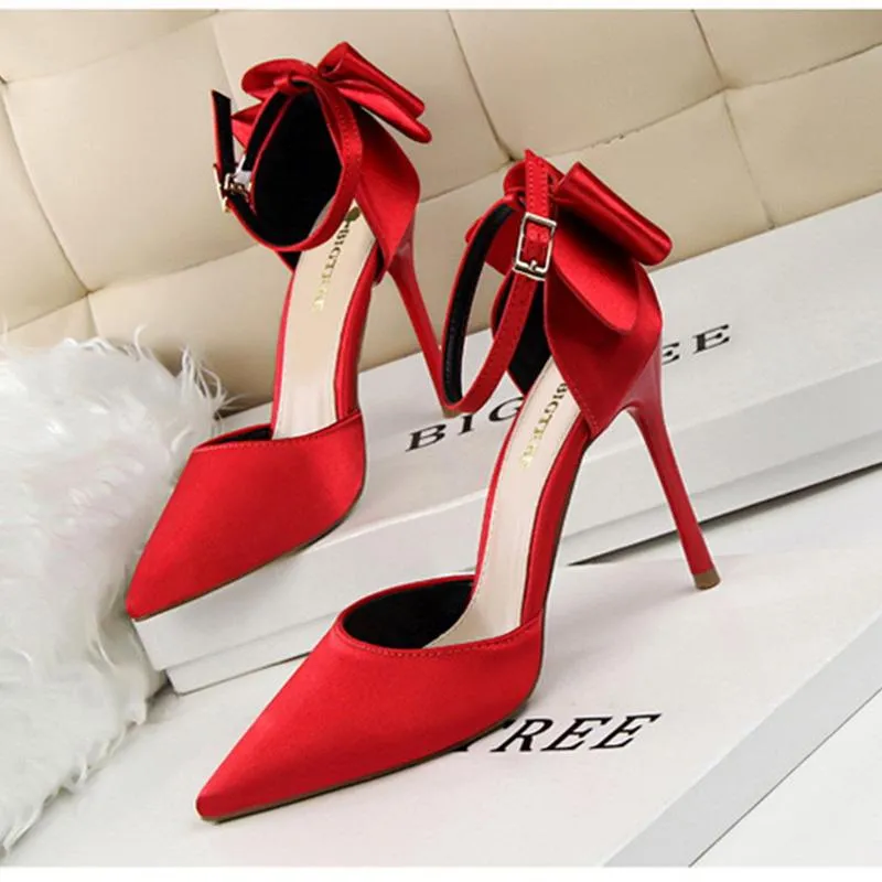 Women pointed toe bowknot ankle buckle strap stiletto heels