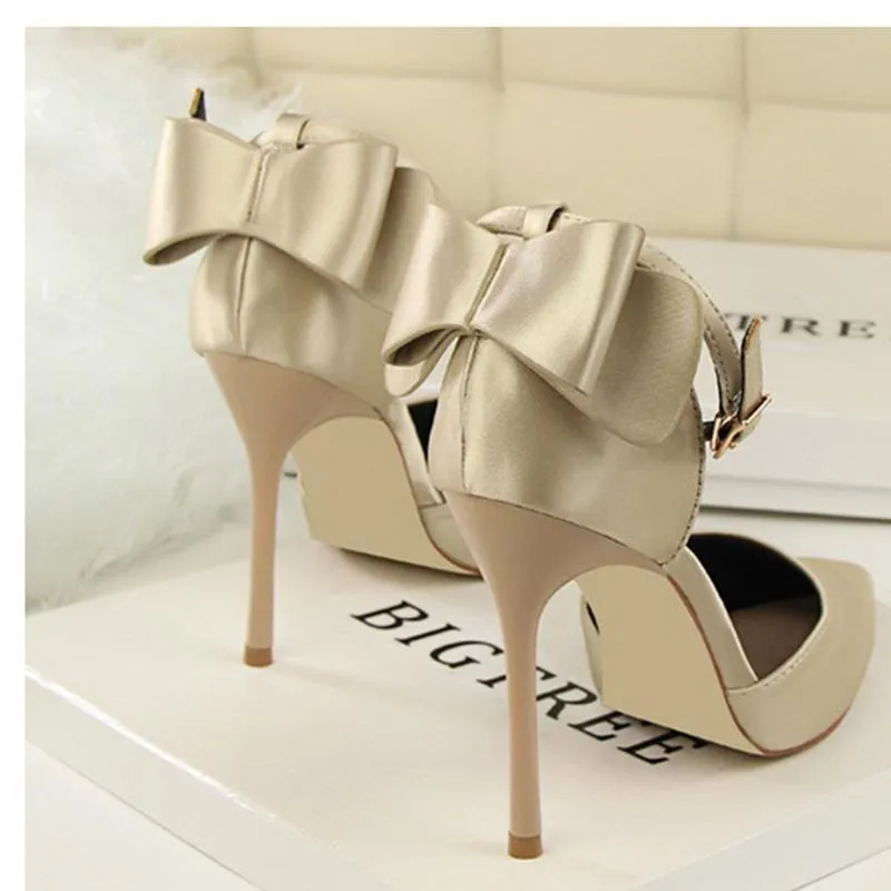 Women pointed toe bowknot ankle buckle strap stiletto heels