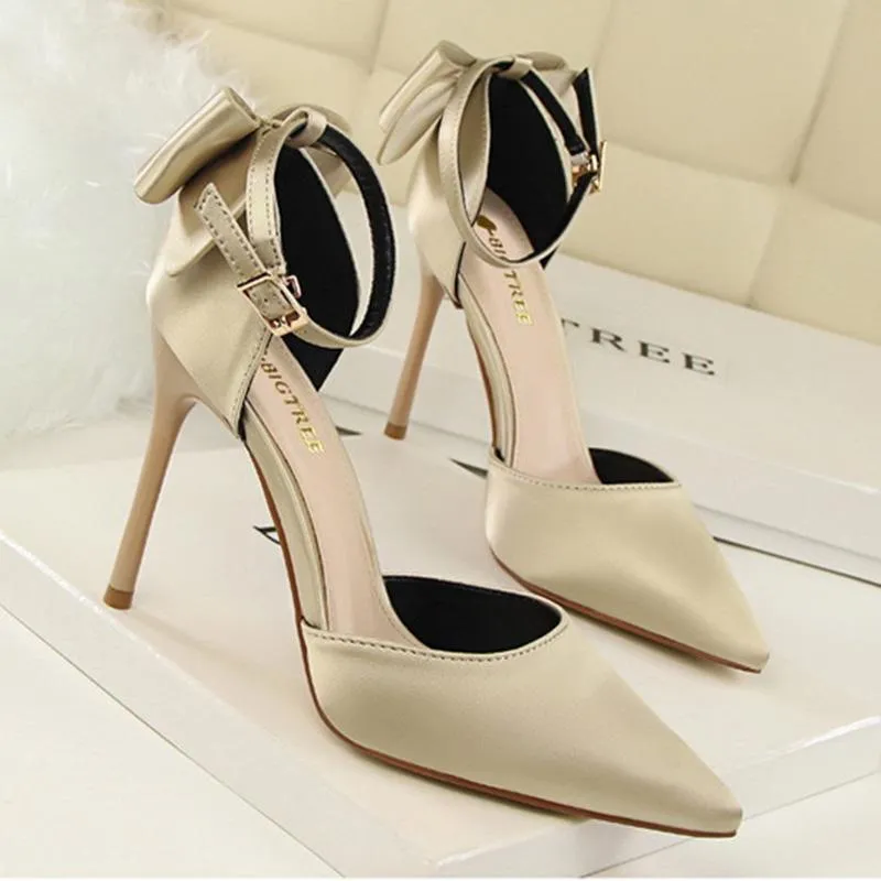 Women pointed toe bowknot ankle buckle strap stiletto heels