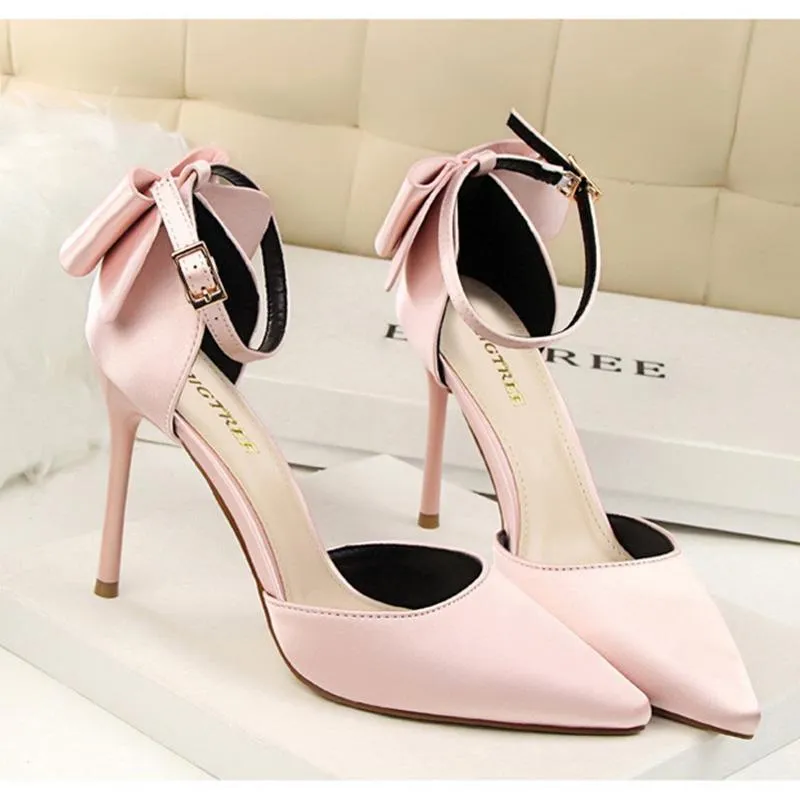 Women pointed toe bowknot ankle buckle strap stiletto heels