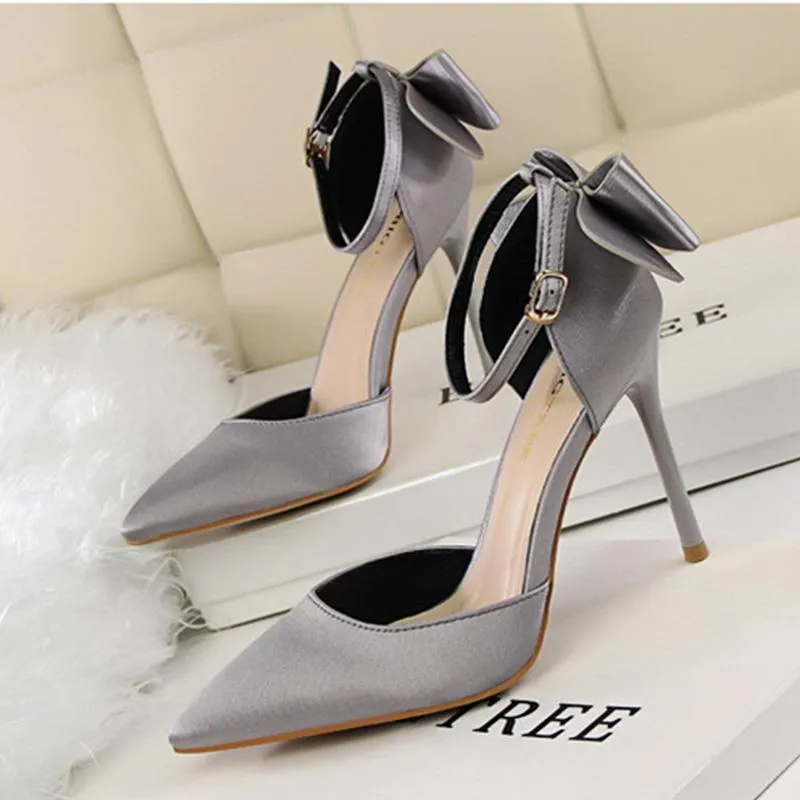 Women pointed toe bowknot ankle buckle strap stiletto heels