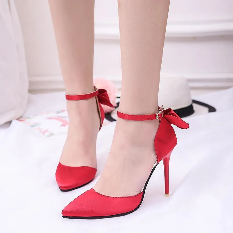 Women pointed toe bowknot ankle buckle strap stiletto heels