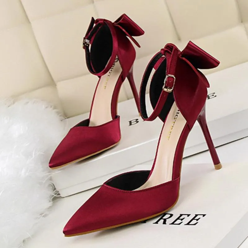 Women pointed toe bowknot ankle buckle strap stiletto heels