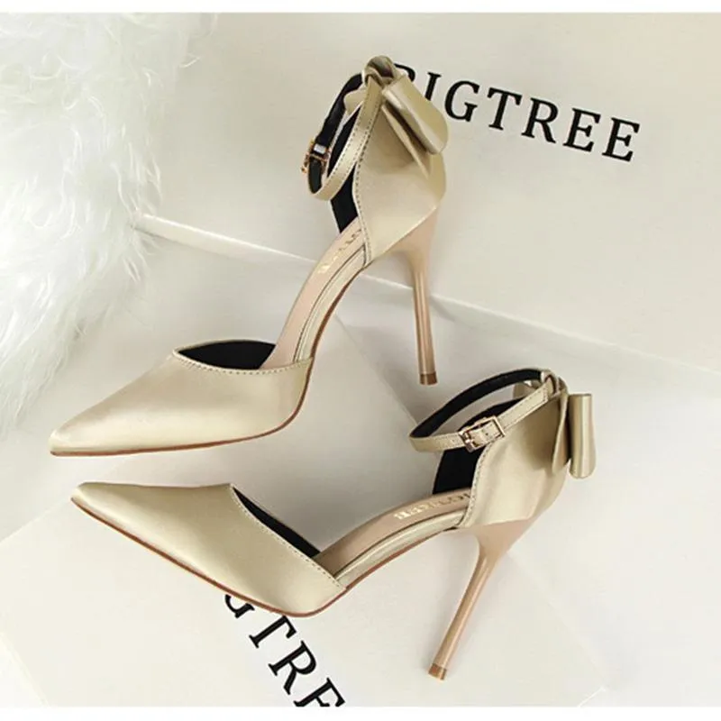 Women pointed toe bowknot ankle buckle strap stiletto heels