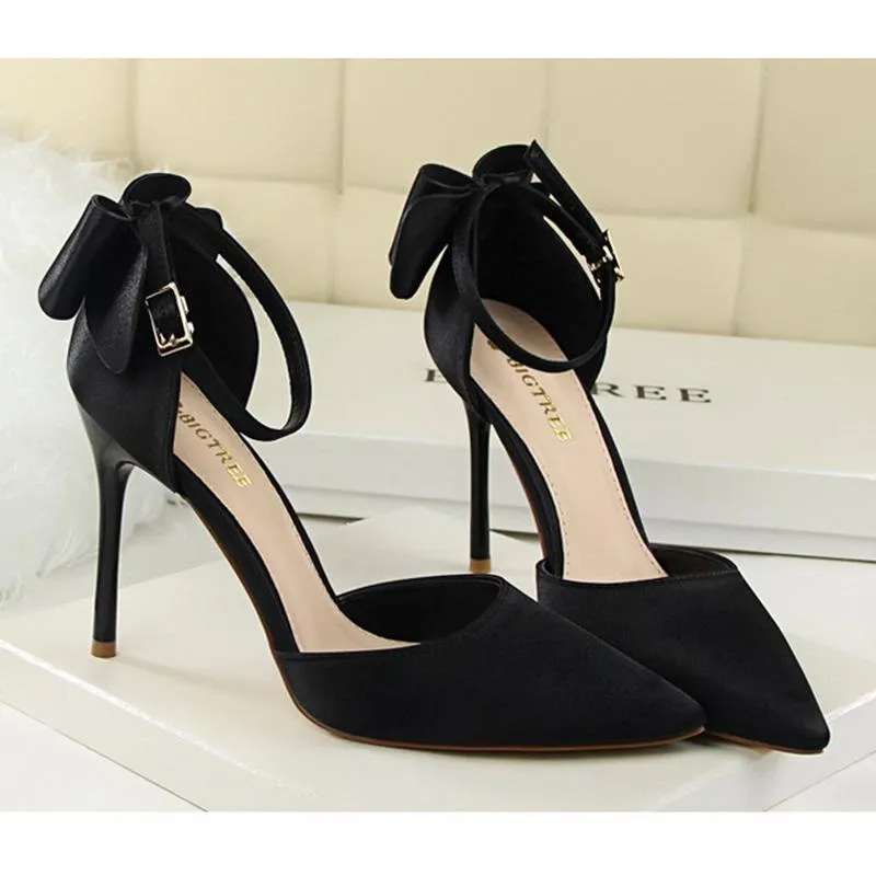 Women pointed toe bowknot ankle buckle strap stiletto heels