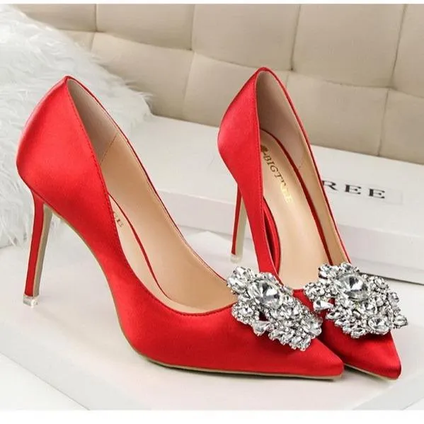 Women pointed toe rhinestone flower stiletto sexy prom heels