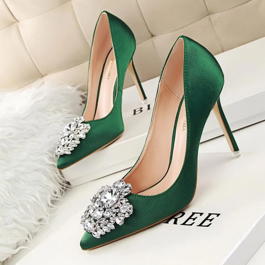 Women pointed toe rhinestone flower stiletto sexy prom heels