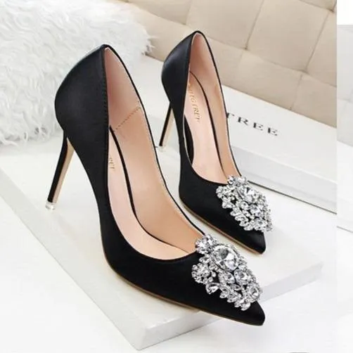 Women pointed toe rhinestone flower stiletto sexy prom heels