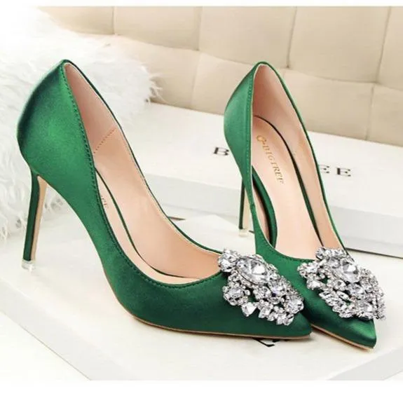 Women pointed toe rhinestone flower stiletto sexy prom heels