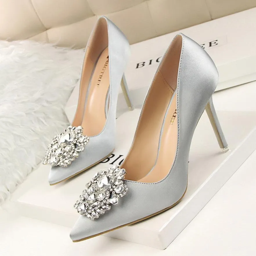 Women pointed toe rhinestone flower stiletto sexy prom heels