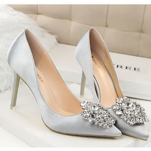 Women pointed toe rhinestone flower stiletto sexy prom heels