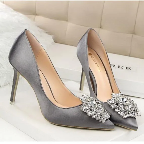 Women pointed toe rhinestone flower stiletto sexy prom heels