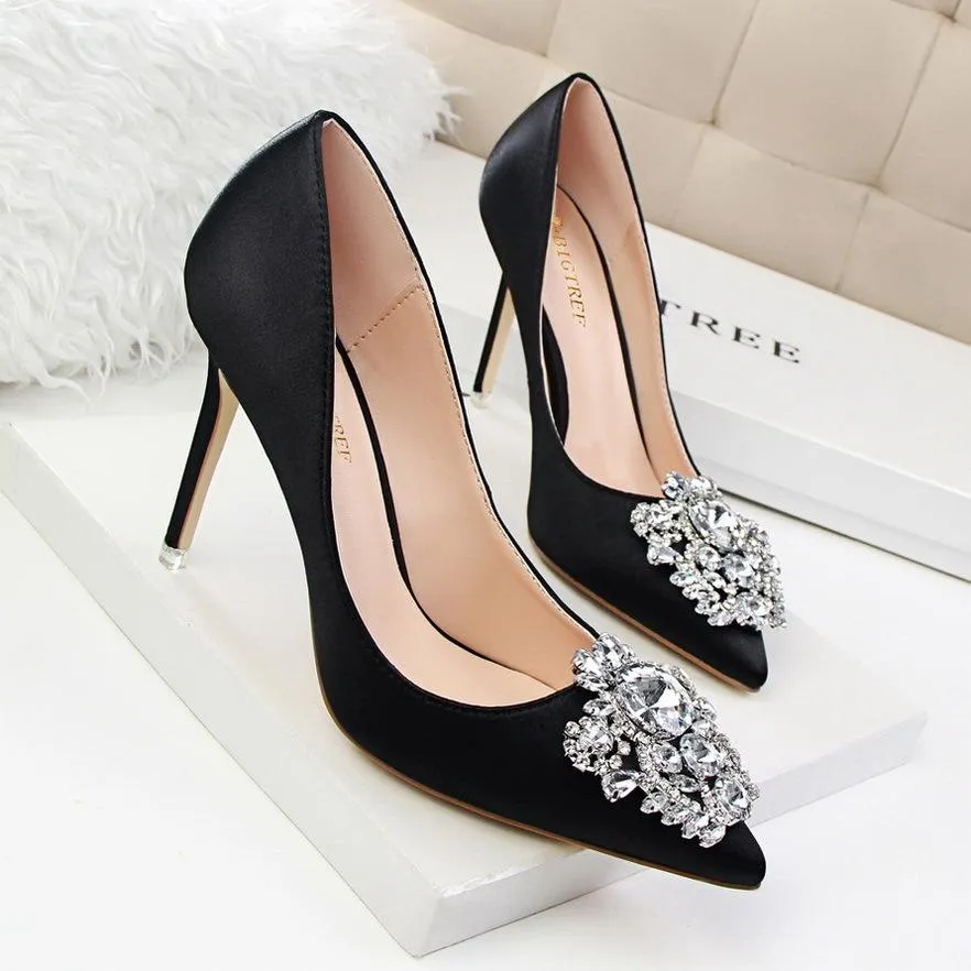 Women pointed toe rhinestone flower stiletto sexy prom heels