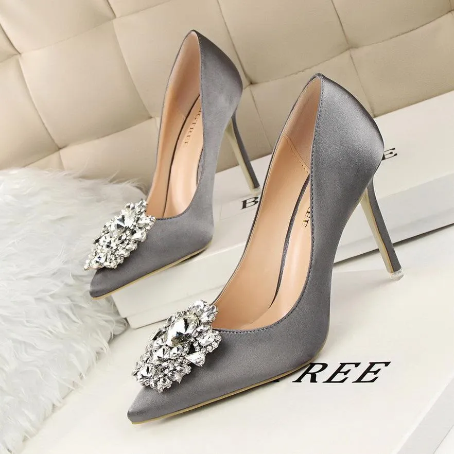 Women pointed toe rhinestone flower stiletto sexy prom heels