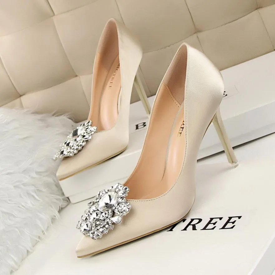 Women pointed toe rhinestone flower stiletto sexy prom heels