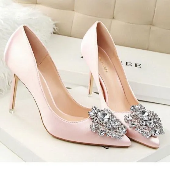 Women pointed toe rhinestone flower stiletto sexy prom heels