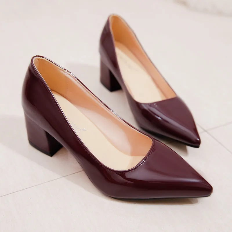 Women solid color pointed toe slip on chunky heels