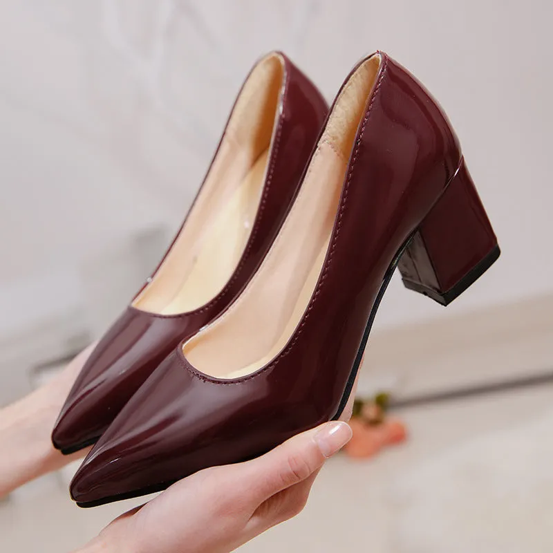 Women solid color pointed toe slip on chunky heels