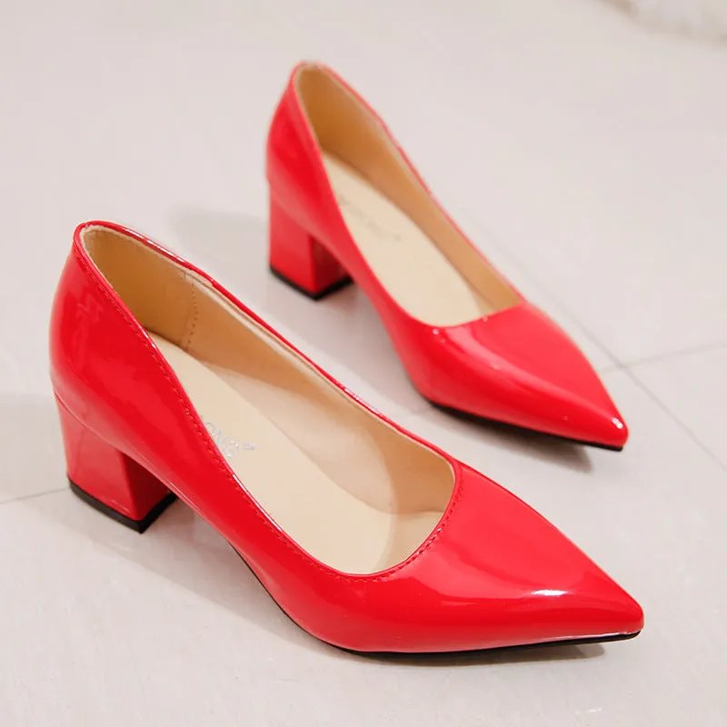 Women solid color pointed toe slip on chunky heels