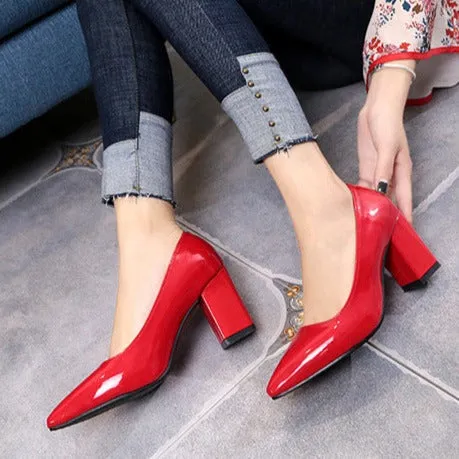 Women solid color pointed toe slip on chunky heels