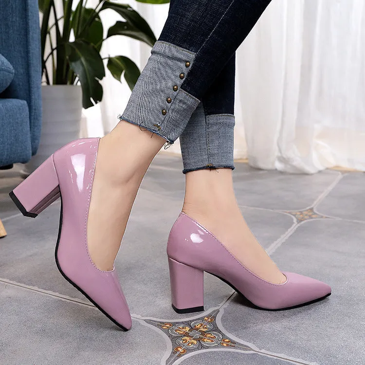 Women solid color pointed toe slip on chunky heels