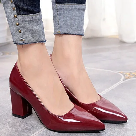 Women solid color pointed toe slip on chunky heels