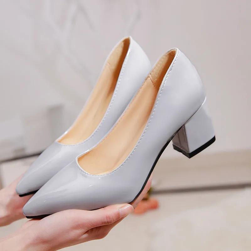 Women solid color pointed toe slip on chunky heels