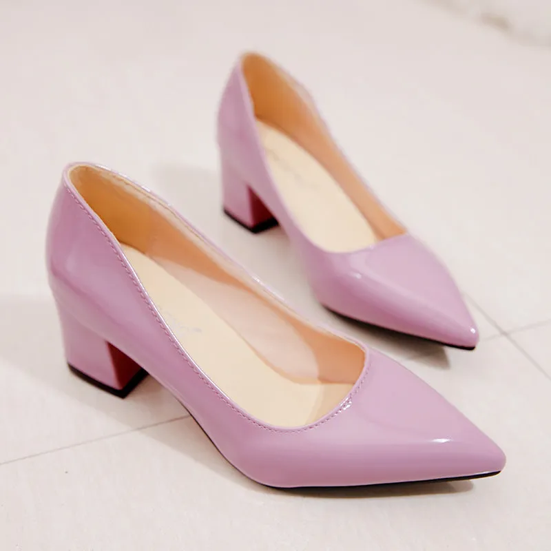 Women solid color pointed toe slip on chunky heels