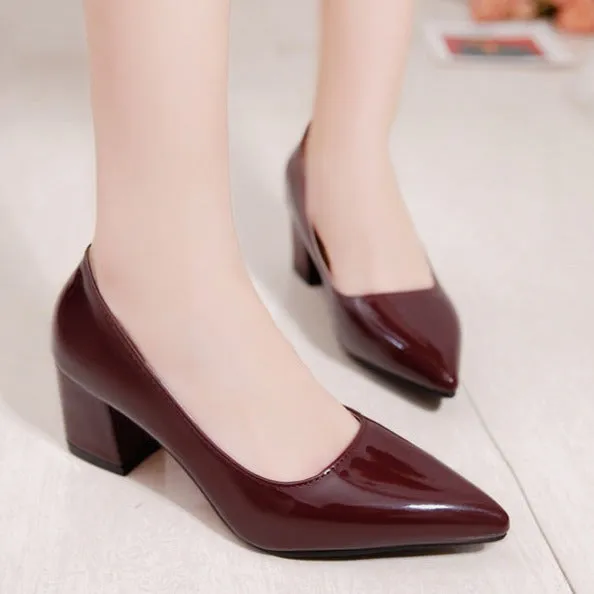 Women solid color pointed toe slip on chunky heels